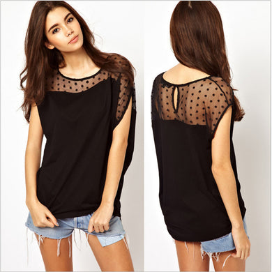 Women Summer Polka Dots Net Yarn Stitching Asymmetrical Short Sleeve T-shirt Tops