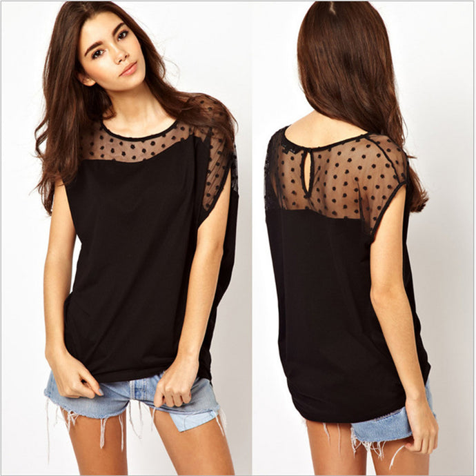 Women Summer Polka Dots Net Yarn Stitching Asymmetrical Short Sleeve T-shirt Tops