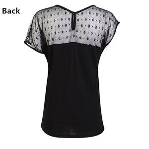 Women Summer Polka Dots Net Yarn Stitching Asymmetrical Short Sleeve T-shirt Tops